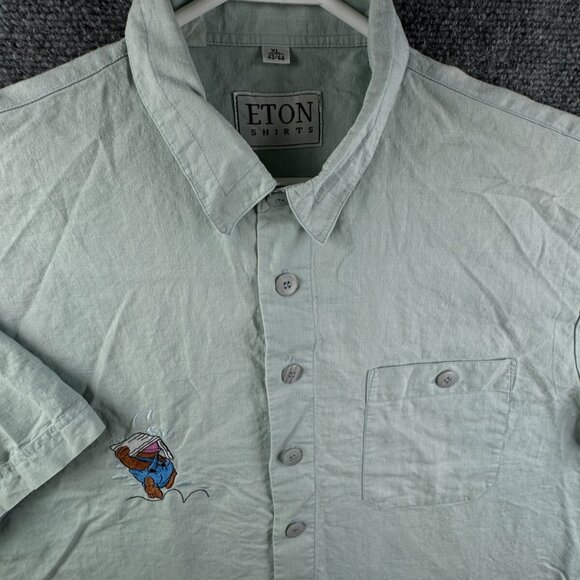 VTG Eton Button Up Shirt Men Linen Cotton Short Sleeve Green Embroidered XL - Picture 1 of 16